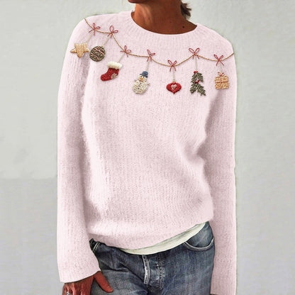 Women's Christmas Embroidery Art Crew Neck Cozy Sweater