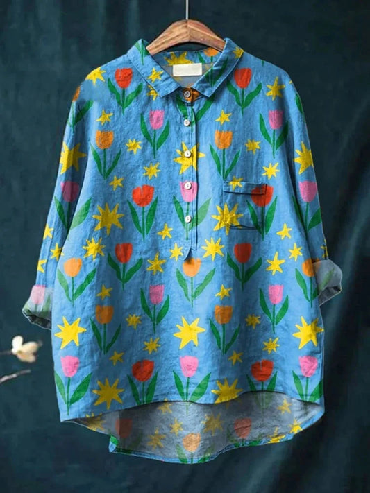 Women's Star Cartoon Pattern Printed Casual Cotton And Linen Shirt