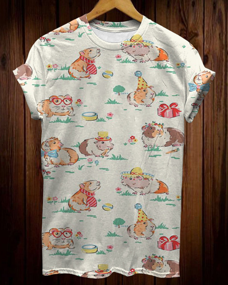 Cartoon Cute Hamster Print Round Neck Short Sleeve T-Shirt