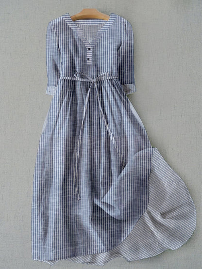 Women's Vintage Striped Print Pocket Lace-Up Dress