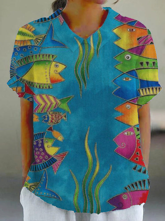 Women's Fish Art Print Casual Cotton And Linen Short Sleeve Shirt