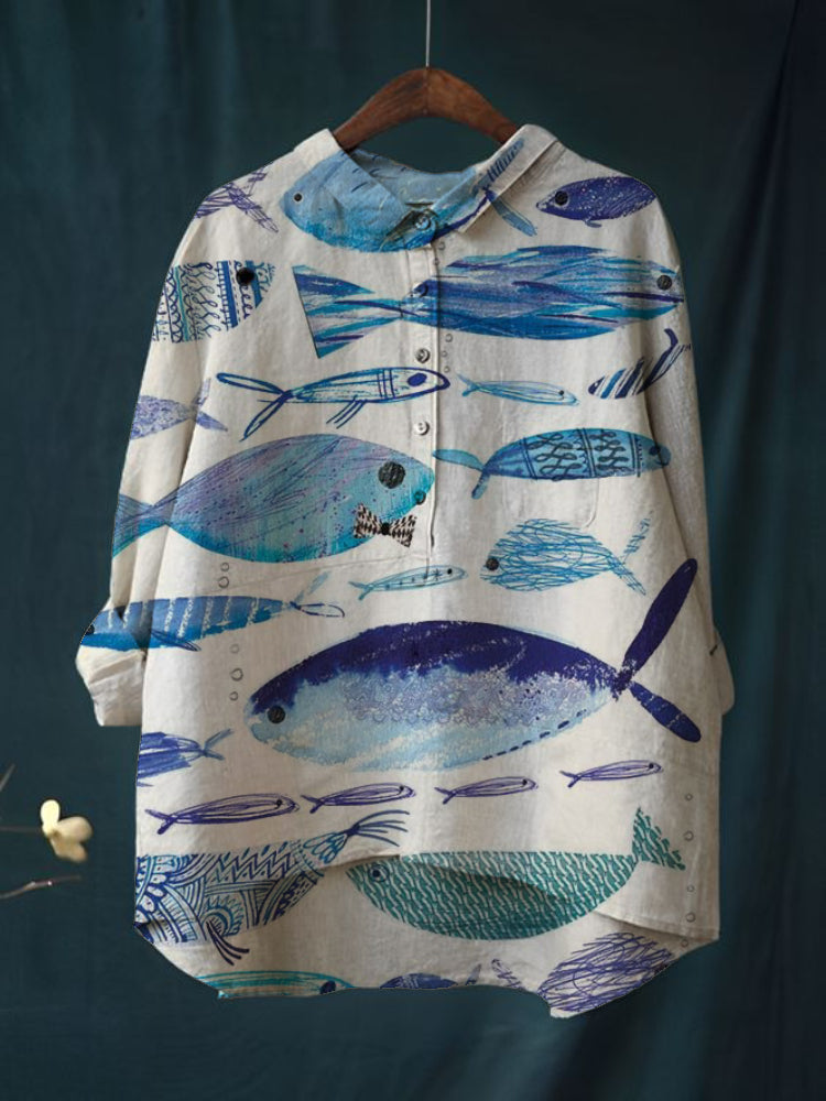 Women's Fish Print Casual Cotton And Linen Shirt