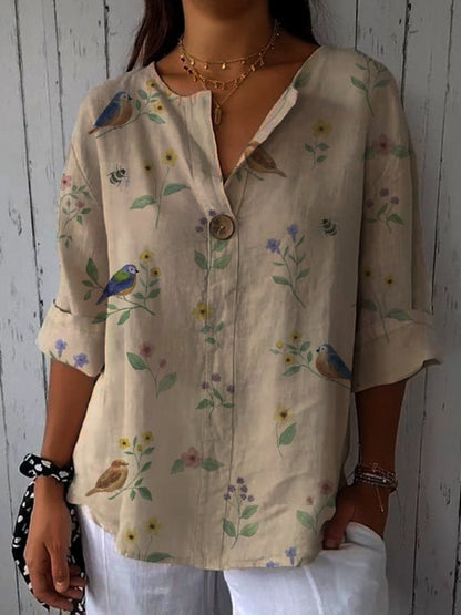 Women's Birds & Floral Print Casual Cotton Linen Shirt