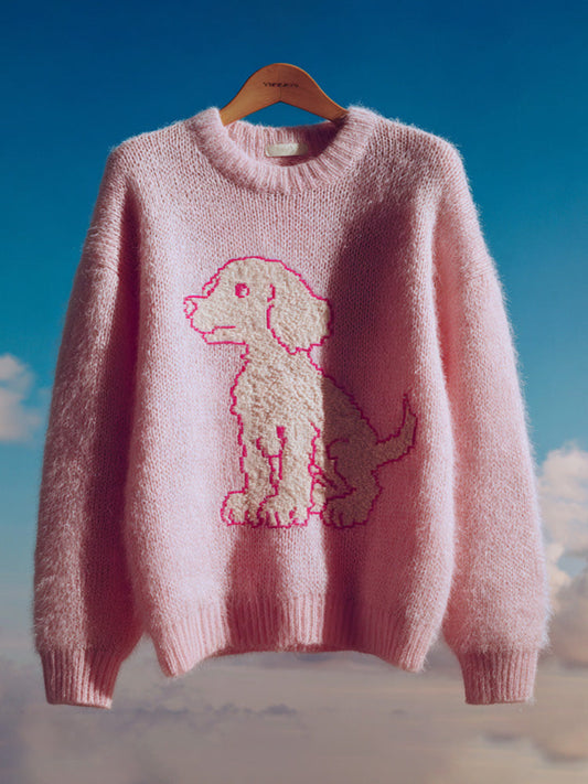 Women's Vintage Mohair Dog Embroidered Sweater