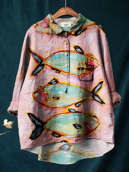 Women's Pink Fish Print Casual Cotton And Linen Shirt