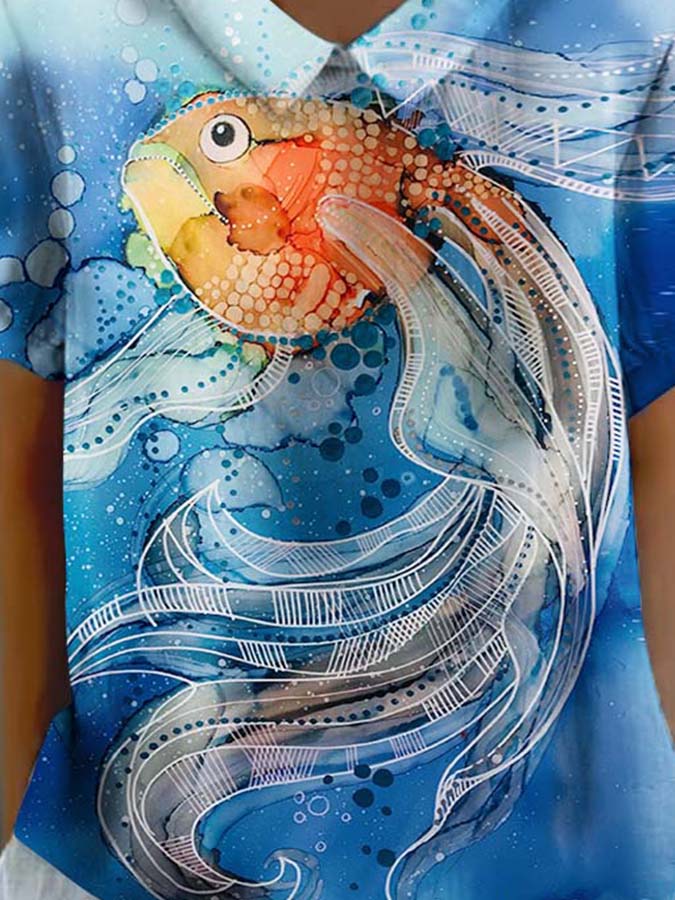 Women's Ocean Fish Print Casual Cotton And Linen Short Sleeves Shirt