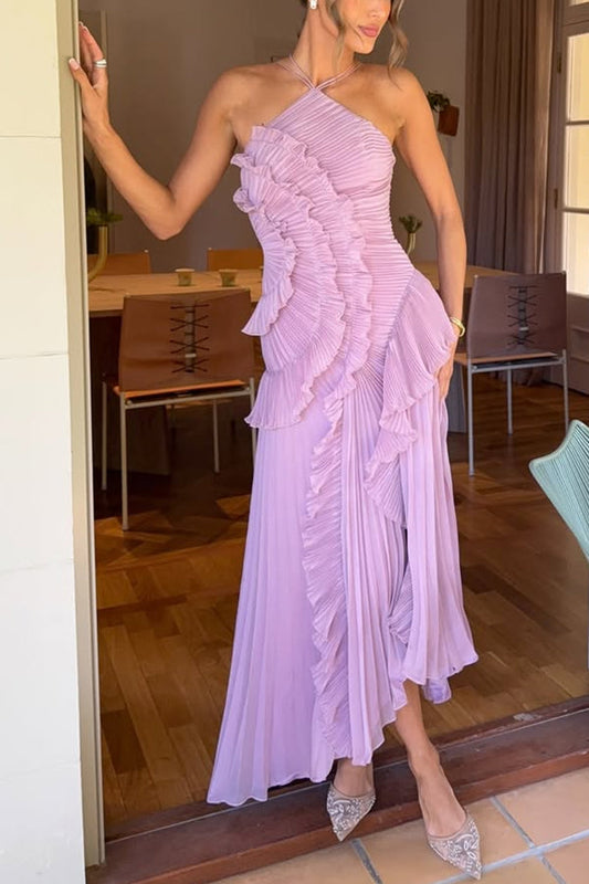 Dream Ode Lily Pad Style Pleats and Ruffles Halter Gown Maxi Dress