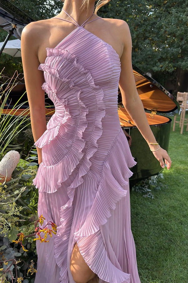 Dream Ode Lily Pad Style Pleats and Ruffles Halter Gown Maxi Dress