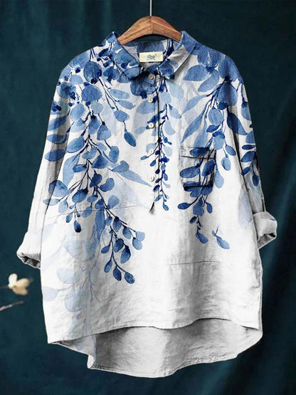 Women's Floral Gradient Print Casual Cotton And Linen Shirt