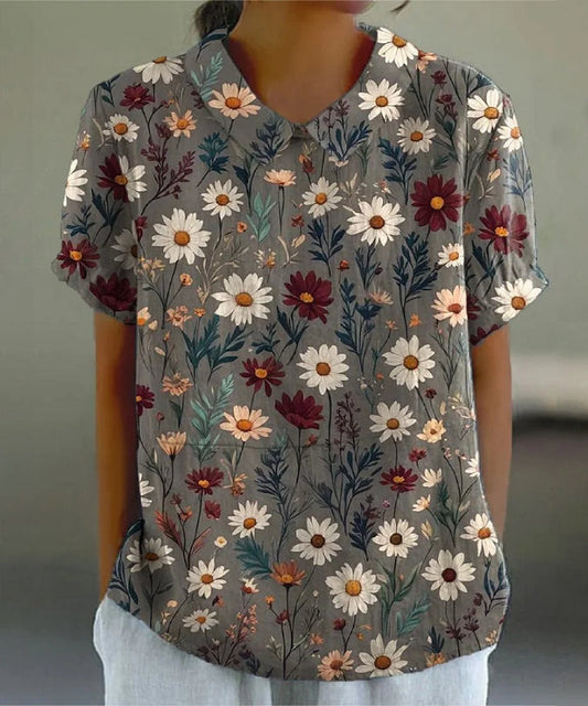 Women's Daisy Floral Casual Cotton And Linen Short Sleeve Shirt