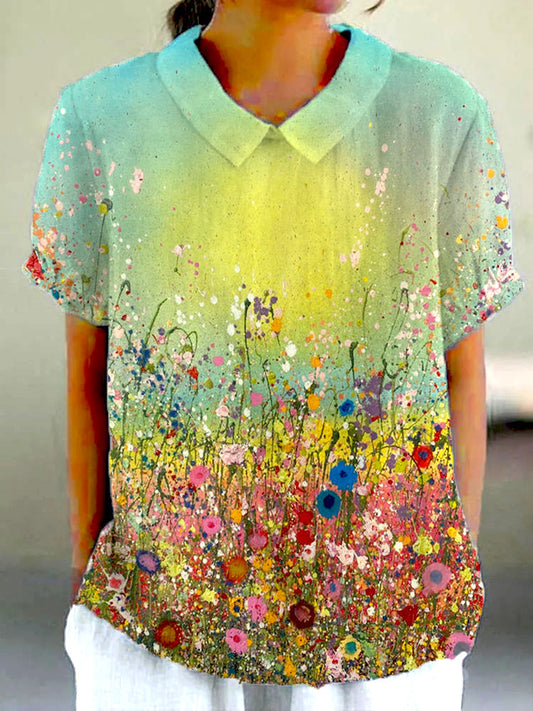 Women'S Oil Painting Floral Print Casual Cotton And Linen Shirt