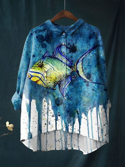 Women's Fish Art Print Casual Cotton And Linen Shirt