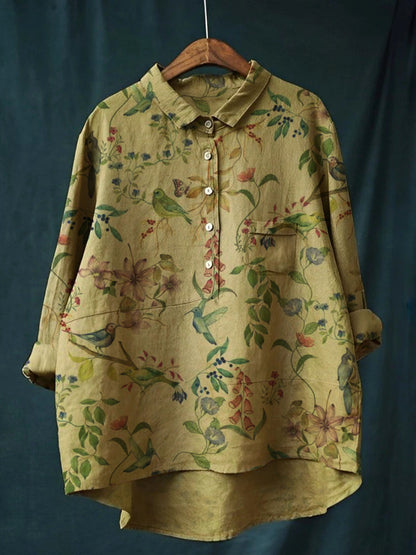 Women's Birds Leaves Print Casual Cotton And Linen Shirt