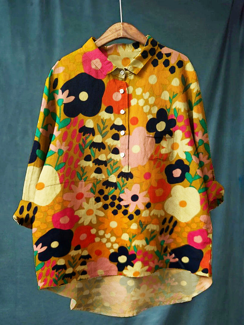 Women's Daisy Art Print Casual Cotton And Linen Shirt