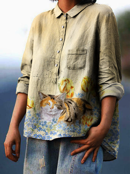 Women's Floral Cat Print Casual Cotton And Linen Shirt