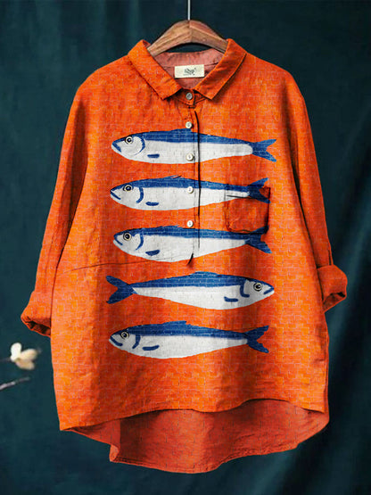 Women's Colorblock Fish Print Casual Cotton And Linen Shirt