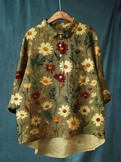 Women's Daisy Floral Casual Cotton And Linen Shirt