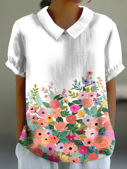 Women's Gradient Floral Print Casual Cotton And Linen Short Sleeves Shirt