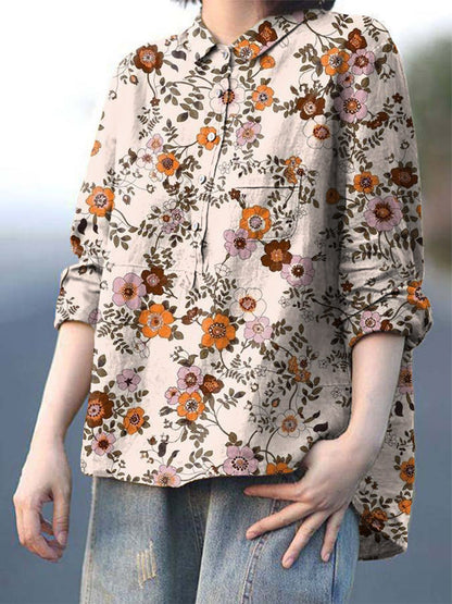 Women's Vintage Floral Art Print Casual Cotton And Linen Shirt