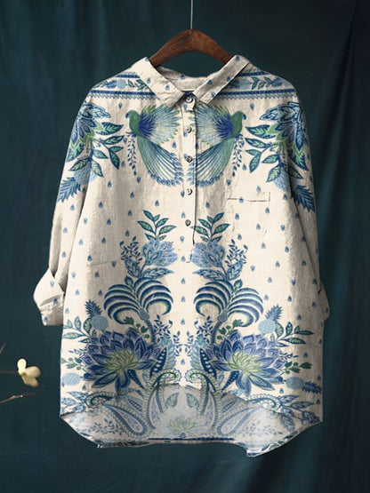 Women's Vintage Flower And Bird Print Casual Cotton And Linen Shirt