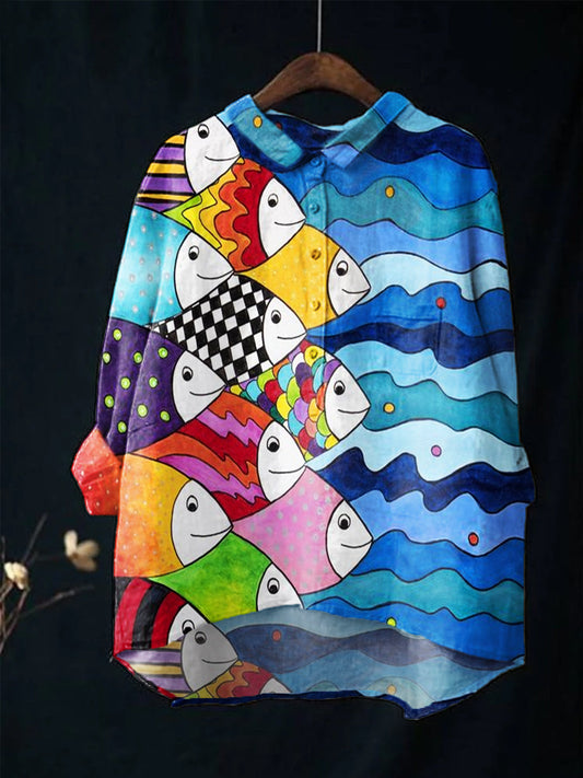 Women's Color Fish Art Print Casual Cotton And Linen Shirt