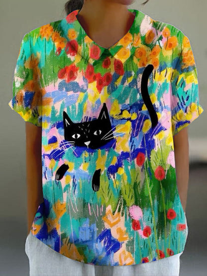 Women's Oil Painting Flower Cat Print Casual Cotton And Linen Shirt