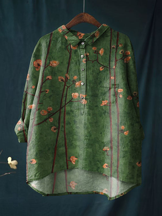 Women's Flower Print Casual Cotton And Linen Shirt