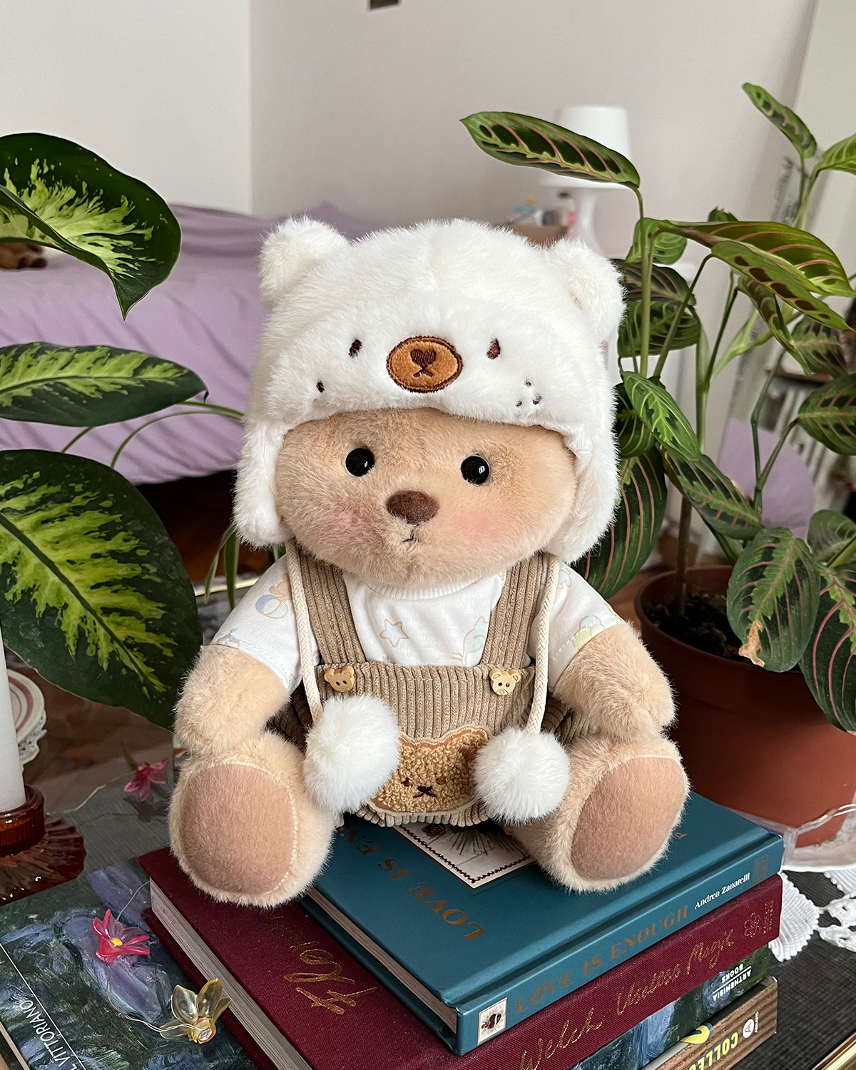 Getahug White Mink Hat Brown Overalls Bear | Handmade Jointed Teddy Bear Gift