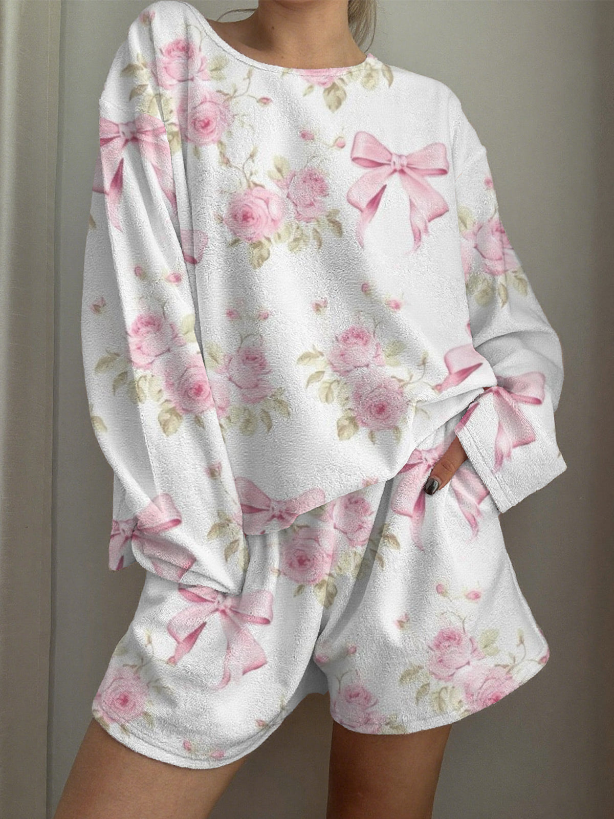 Rose Bow Printed Long-Sleeved Shorts Loungewear Set