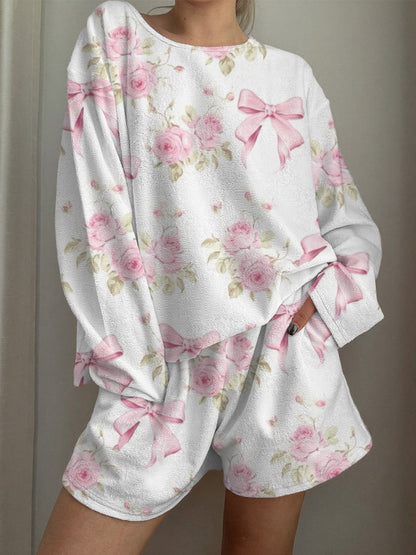 Rose Bow Printed Long-Sleeved Shorts Loungewear Set