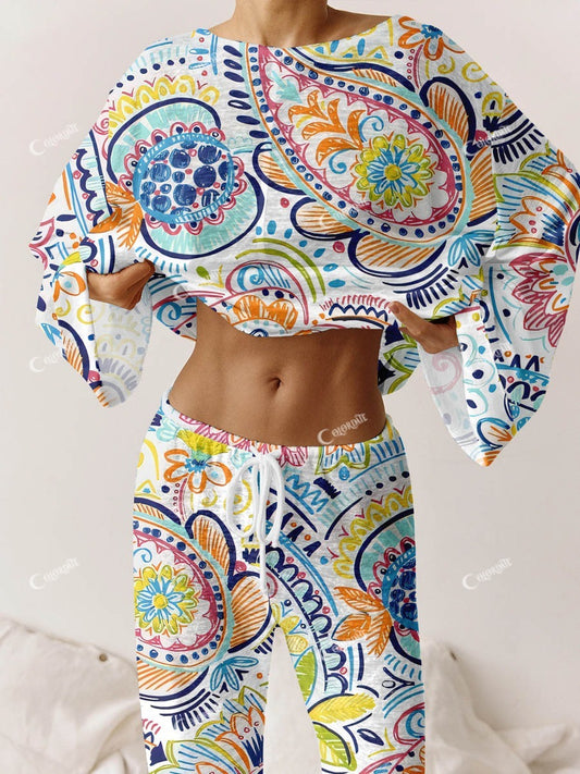 Women's Bohemian Art Print Long Sleeve Pajama Set