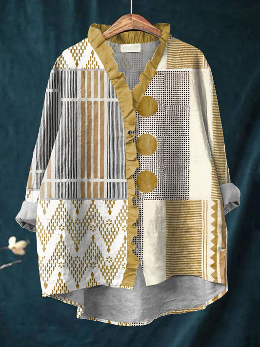 Women's Vintage Abstract Geometric Art Print Casual Cotton And Linen Ruffle Shirt