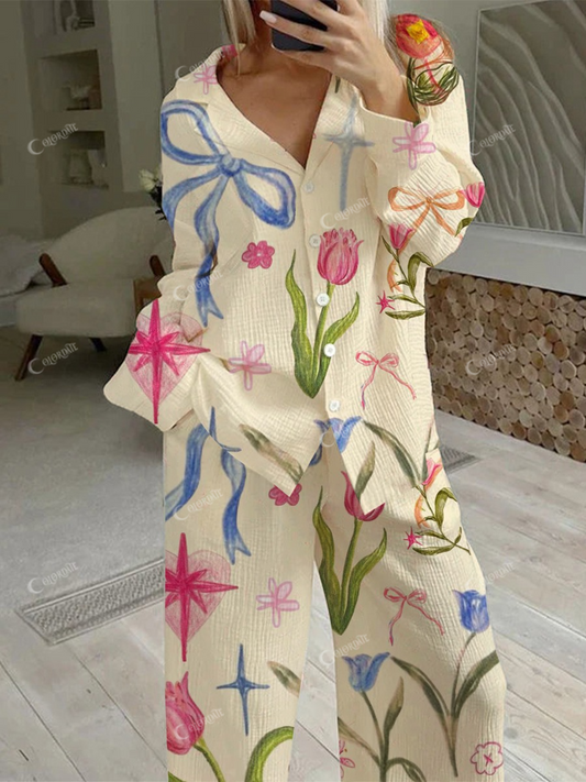 Women's Bow Tulip Flowers Art Pajama Set