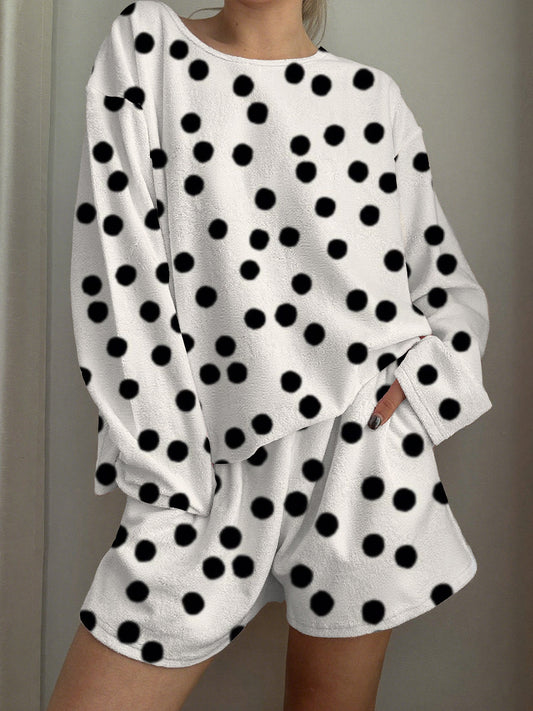 Black Polka Dot Printed Long-Sleeved Shorts Loungewear Set