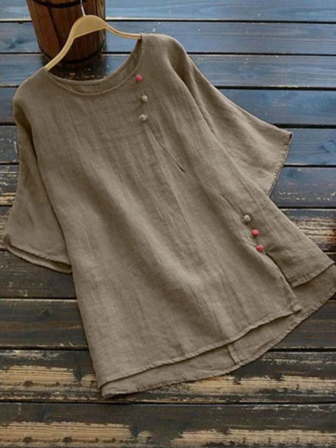 Women's Solid Cotton Linen Round Neck Split T-shirt