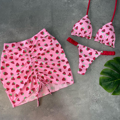 Trendy Strawberry Print Swimsuit Three-Piece Set