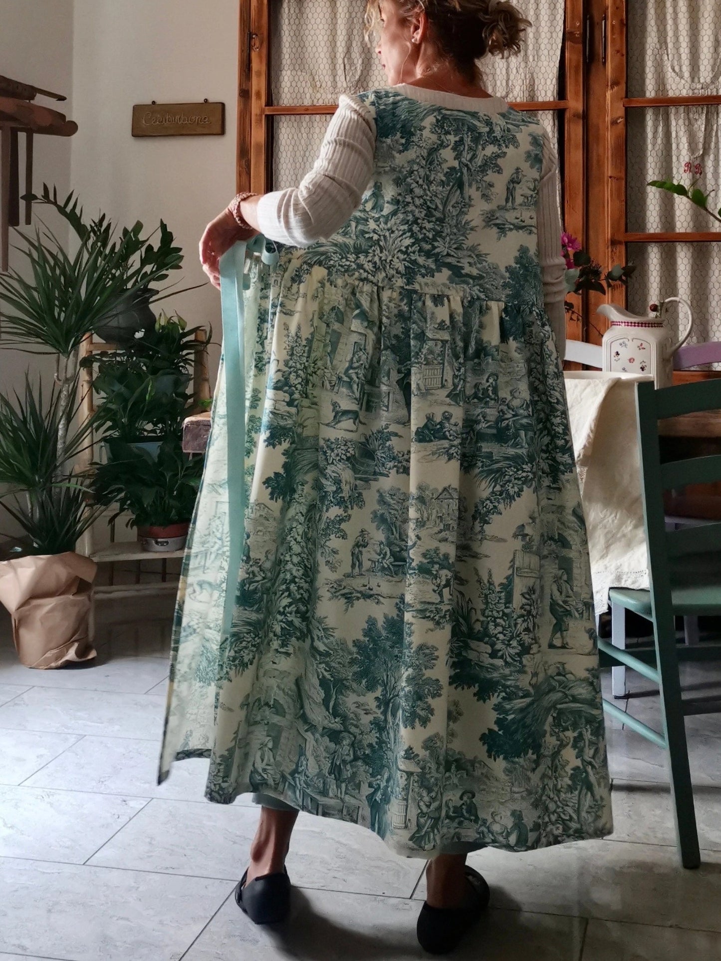 Vintage Teal Blue Long Apron