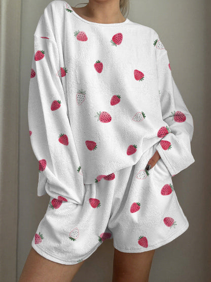 Two-Color Strawberry Printed Long-Sleeved Shorts Loungewear Set