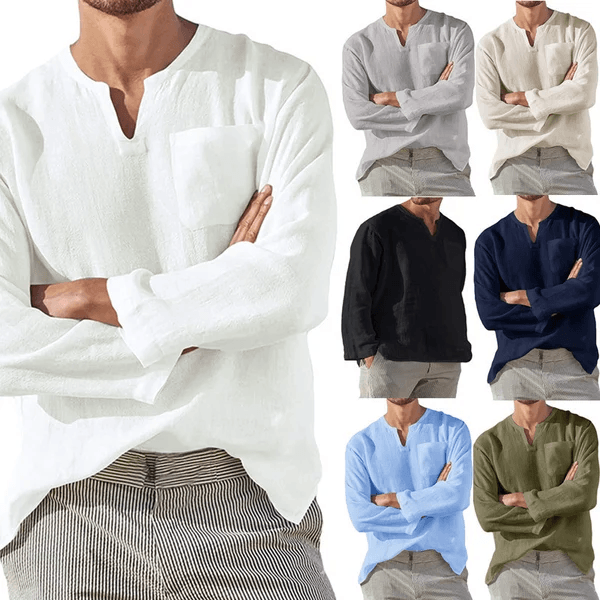 Men's Casual Long Sleeve V-neck Loose Linen Shirt