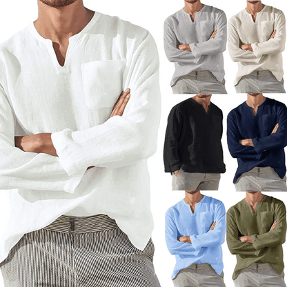 Men's Casual Long Sleeve V-neck Loose Linen Shirt