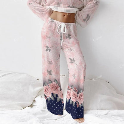 Women's Retro Flower Gradient Colorblock Polka Dot Long Sleeve Cotton Homewear Set