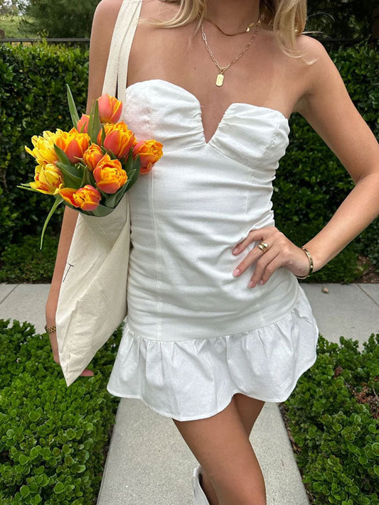 White v neck ruched dress
