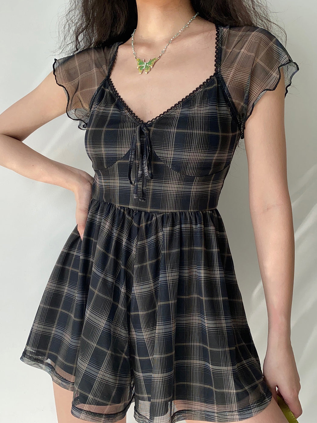 Milly Plaid Lace Square Neck Mini Dress