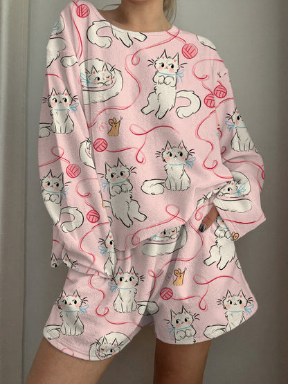 Playing Kittens Printed Long-Sleeved Shorts Loungewear Set