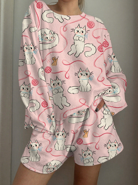 Playing Kittens Printed Long-Sleeved Shorts Loungewear Set