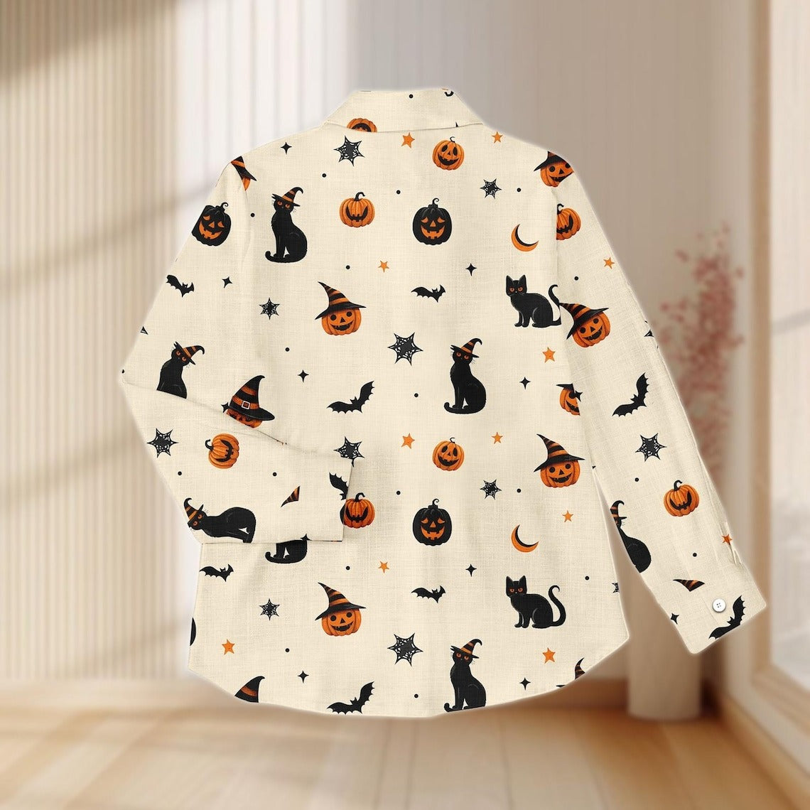 Women's Halloween Black Cat Pumpkin  Print Casual Shirt