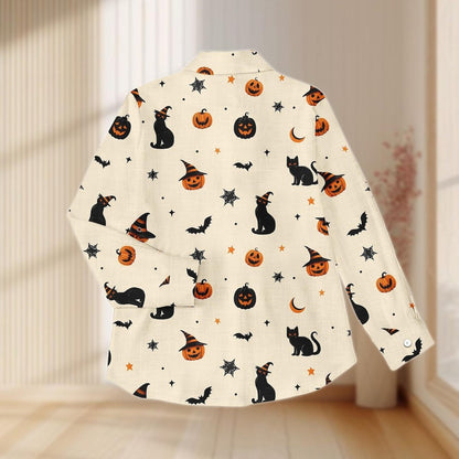 Women's Halloween Black Cat Pumpkin  Print Casual Shirt