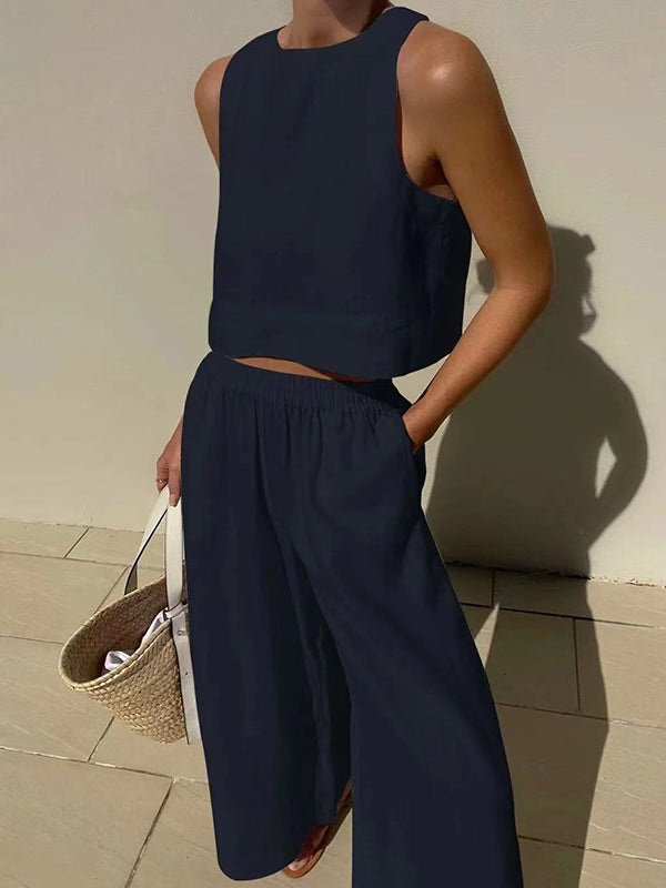 Solid Color Round-Neck Sleeveless Vest + Elasticity Wide Leg Pants Two Pieces Set