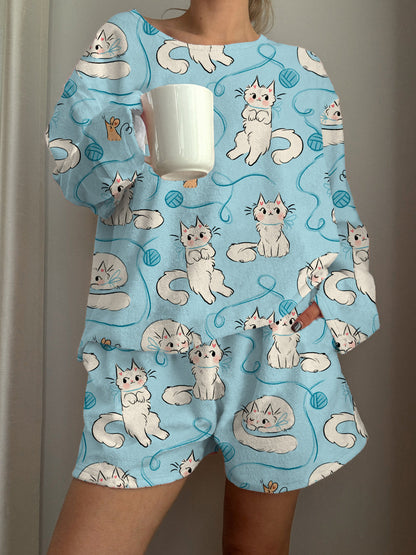 Playing Kittens Printed Long-Sleeved Shorts Loungewear Set
