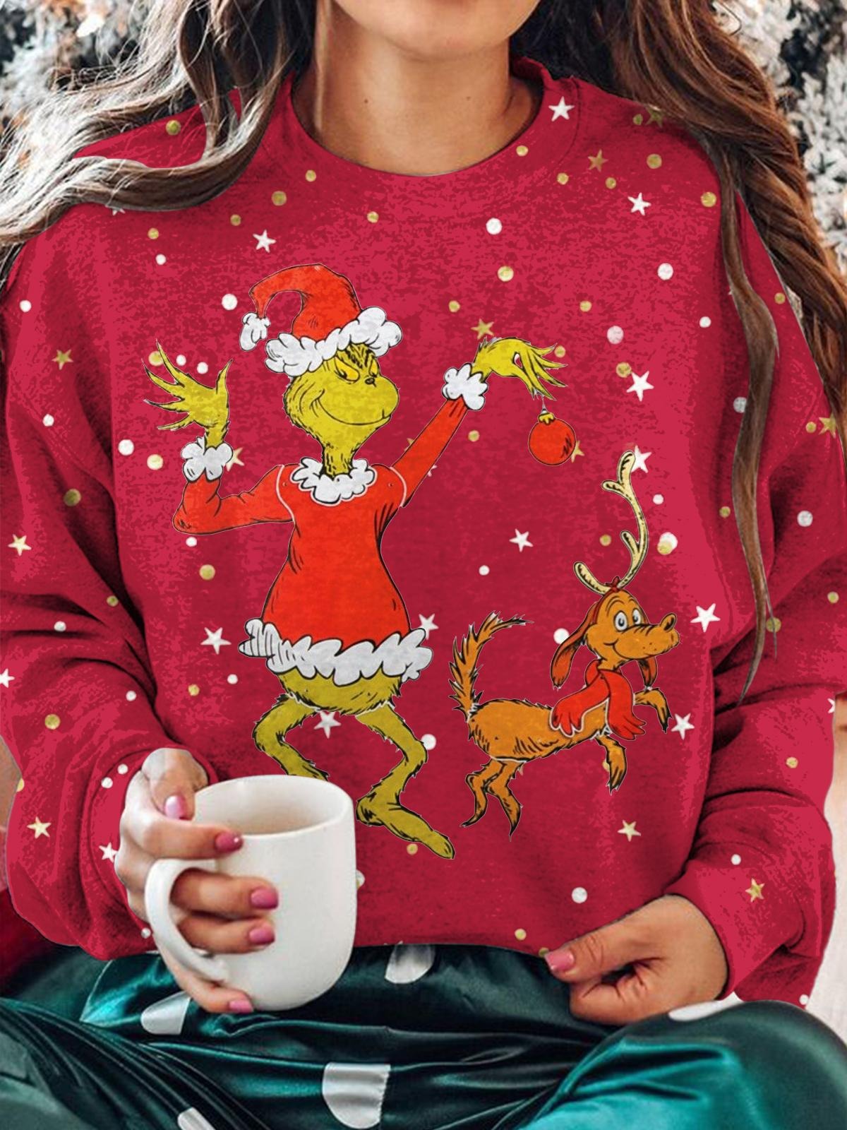 Women's Character Elf Puppy Christmas Print Long Sleeve Top